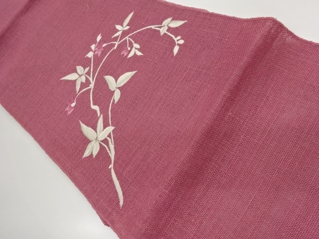 紗紬花葉模様刺繍名古屋帯